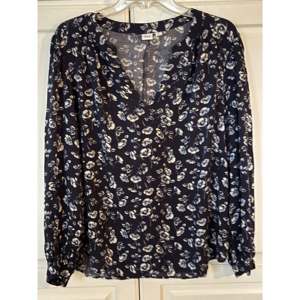 Gap Womens XL Navy Blue White Floral Long Sleeve V-Neck Viscose Blouse Top